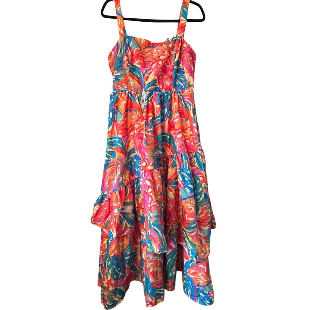 Flying Tomato Tropical Leaf Print Tiered Ruffle Midi Dress ID20957 Orange Blue M